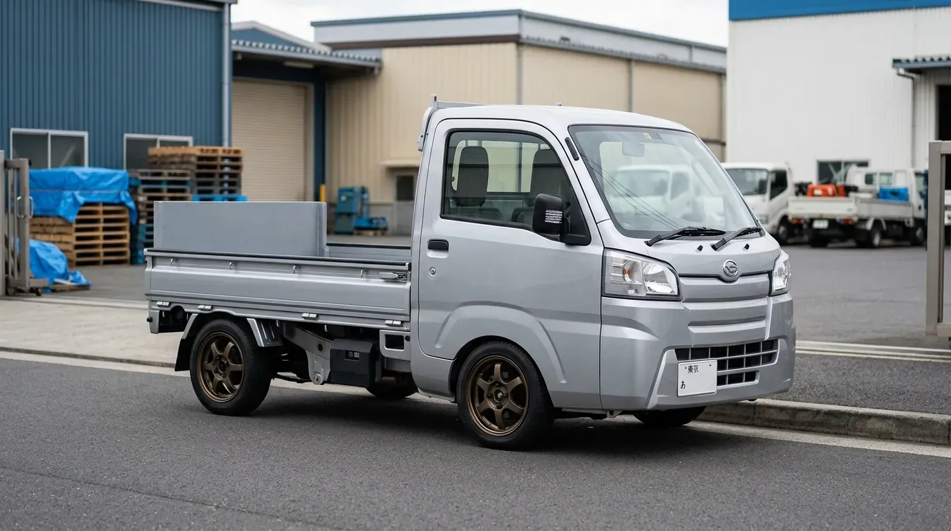 ローダウンした小型トラックの側面。低められた車高とカスタムホイールにより、引き締まったスタンスが際立つ