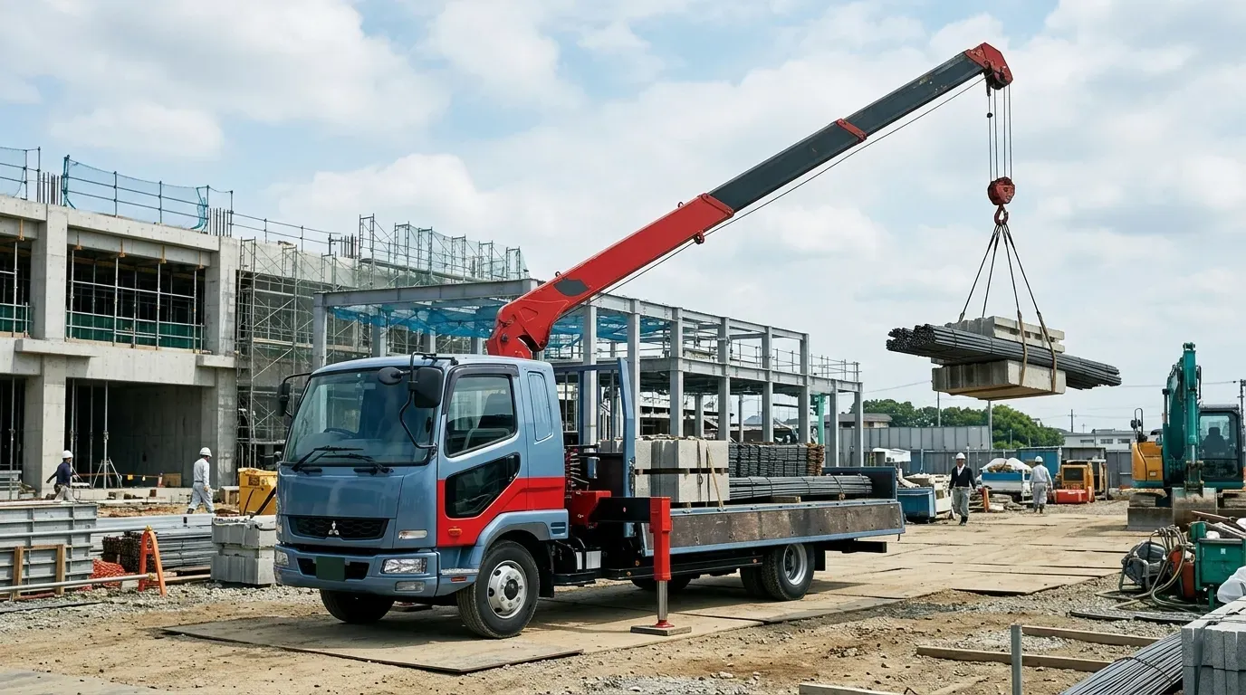 建設現場で建築資材を吊り上げるユニック車（クレーン付きトラック）。キャブバック型、4段ブームを伸ばし、アウトリガーを展開して作業中