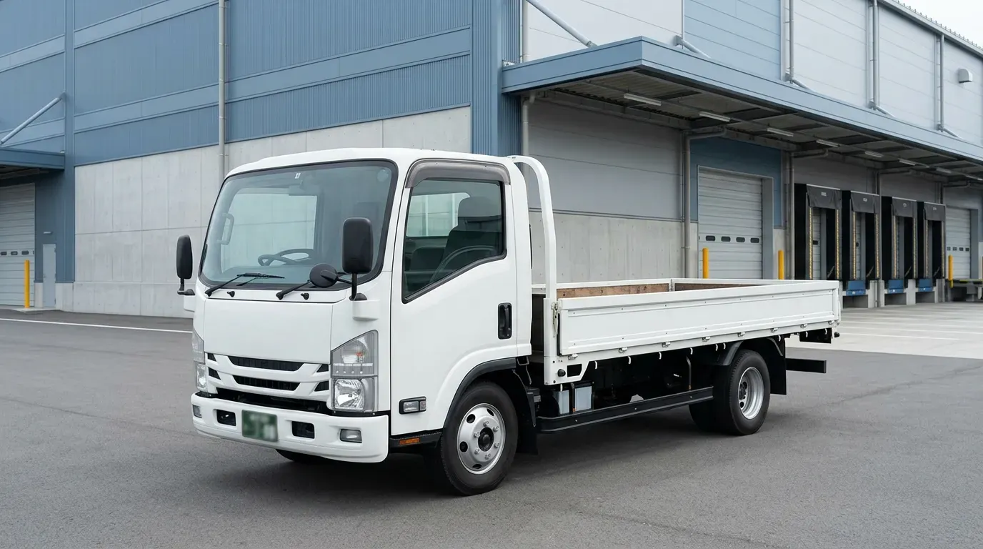 物流倉庫前に停車するいすゞエルフの平ボディトラック。実用的で信頼感のある小型トラックの情景