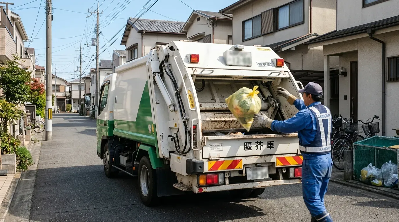 住宅街でごみ収集作業を行う小型プレス式塵芥車（パッカー車）。後部の投入口とテールゲート、油圧装置が見える。