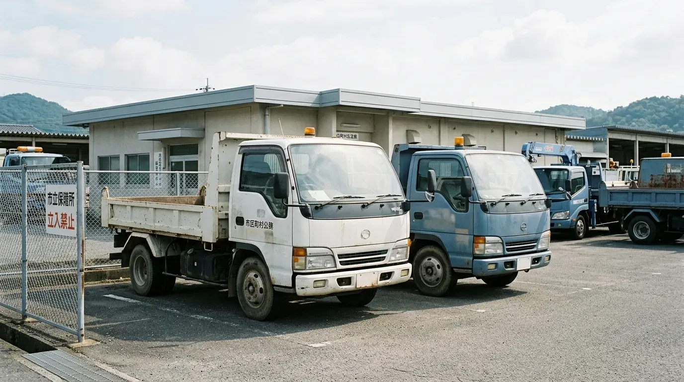 官公庁の保管ヤードに並ぶ払い下げトラック。現状有姿の実車両が自然光の下に駐車されている