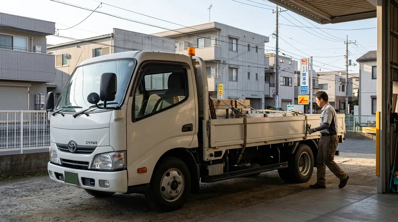 配送現場で荷役作業中のトヨタ・ダイナ。平ボディに積荷を積んだ実働シーン。信頼性と実用性を感じさせるプロフェッショナルな一台。