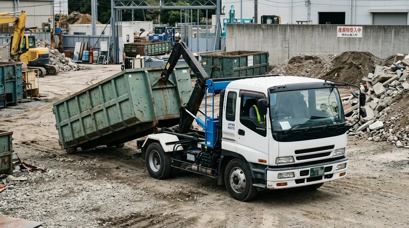 アームロール（脱着式コンテナ専用車）が産業廃棄物処理場で油圧アームを使ってコンテナを引き上げている実働風景