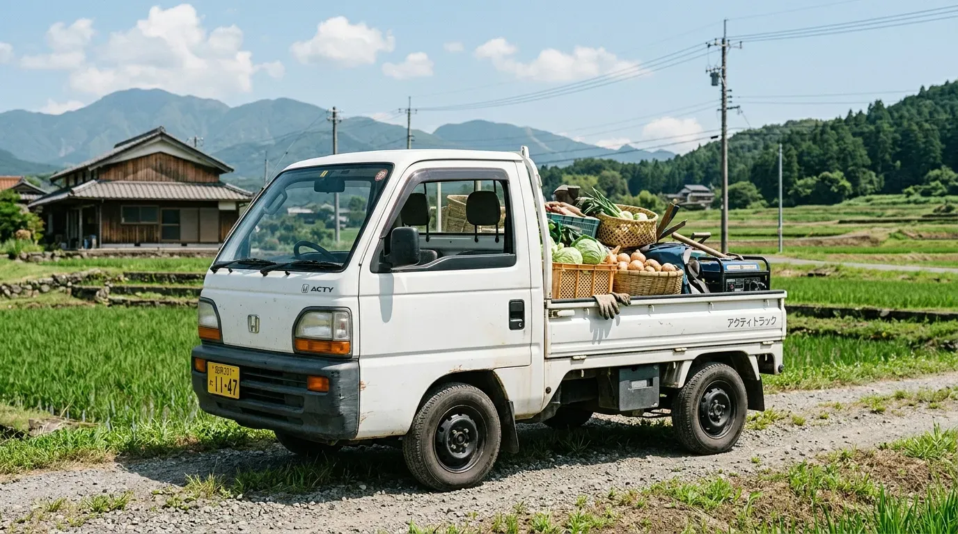 日本の田園風景を背景に停車するホンダ・アクティトラック。低床の荷台に農作物を積んだ実働風景。MRレイアウトによる積載性の高さがわかる。