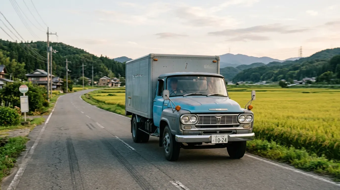 夕暮れの郊外を走る1970年代の旧車トラック。丸型ヘッドライトとクロームメッキのバンパーが特徴的なフロントマスク