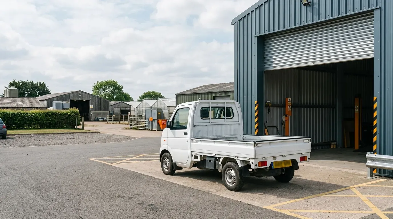 スズキ・キャリイの軽トラック。実務的な屋外情景で、荷台の低さと実用性を感じさせる写真