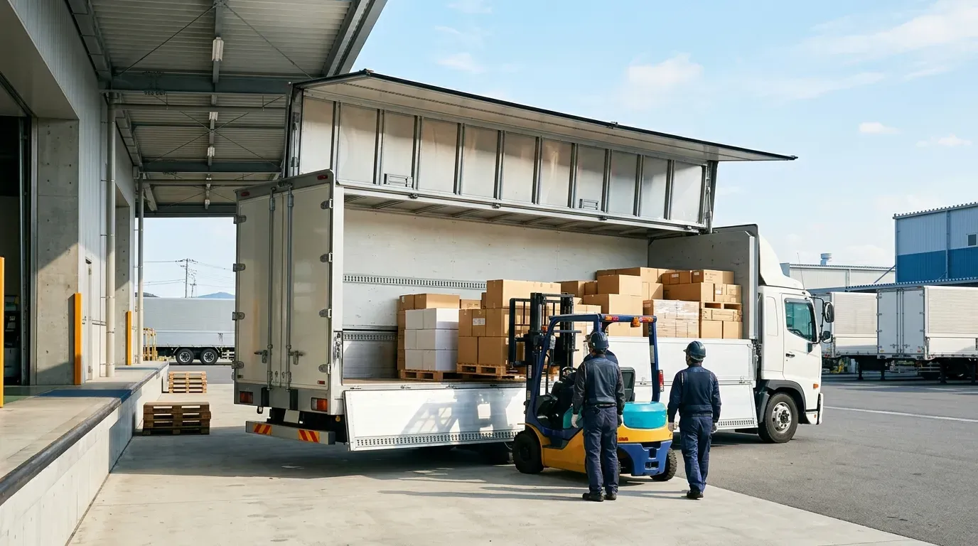 物流現場で荷役作業中のアルミウィングトラック
