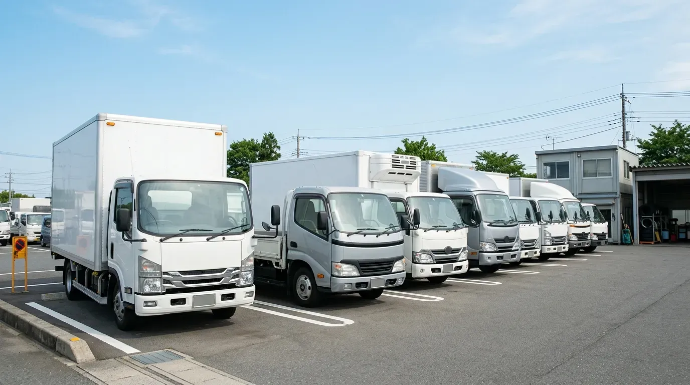 中古トラック販売店の展示場に並ぶ複数の商用トラック