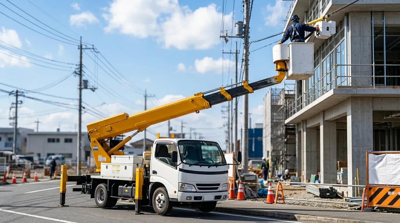 建設現場で高所作業車が電線や照明設備のメンテナンス作業を行っている様子