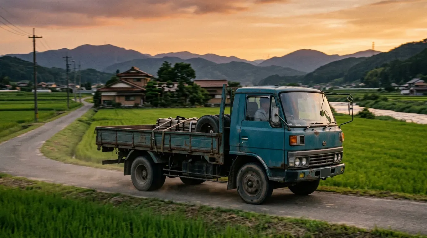 夕暮れの田舎道を走る昭和の旧車トラック。ノスタルジックで哀愁のある情景