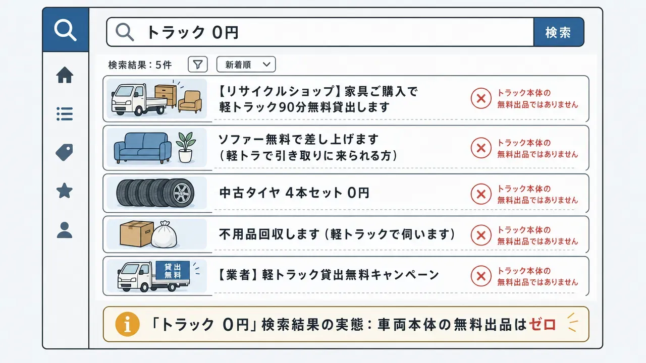ジモティーで「トラック 0円」と検索した検索結果の模式図。表示されるのは軽トラック無料貸し出しの宣伝や家具の無料譲渡などで、車両本体の無料出品はゼロであることを示す