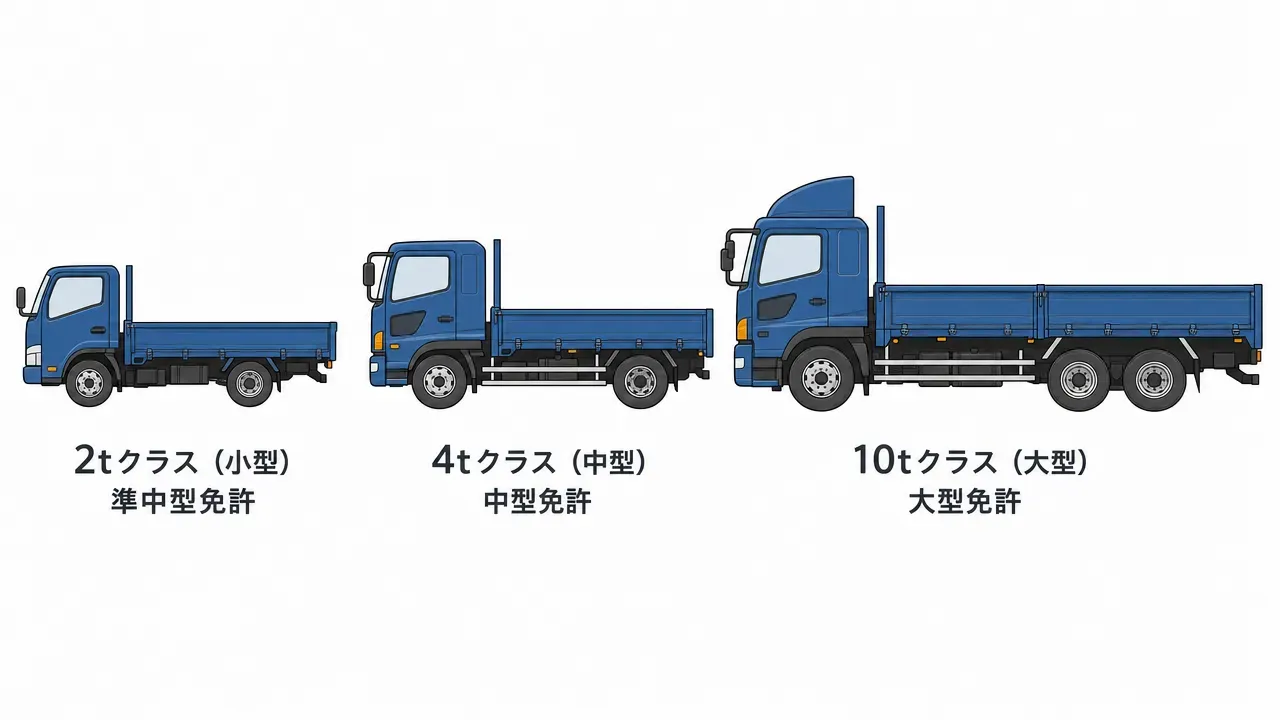 建設業で使う4種類のトラック架装タイプの比較図。左からダンプ（土砂・砕石）、ユニック/クレーン付き（資材荷揚げ）、平ボディ（鋼材・木材）、重機運搬車/セルフローダー（重機）