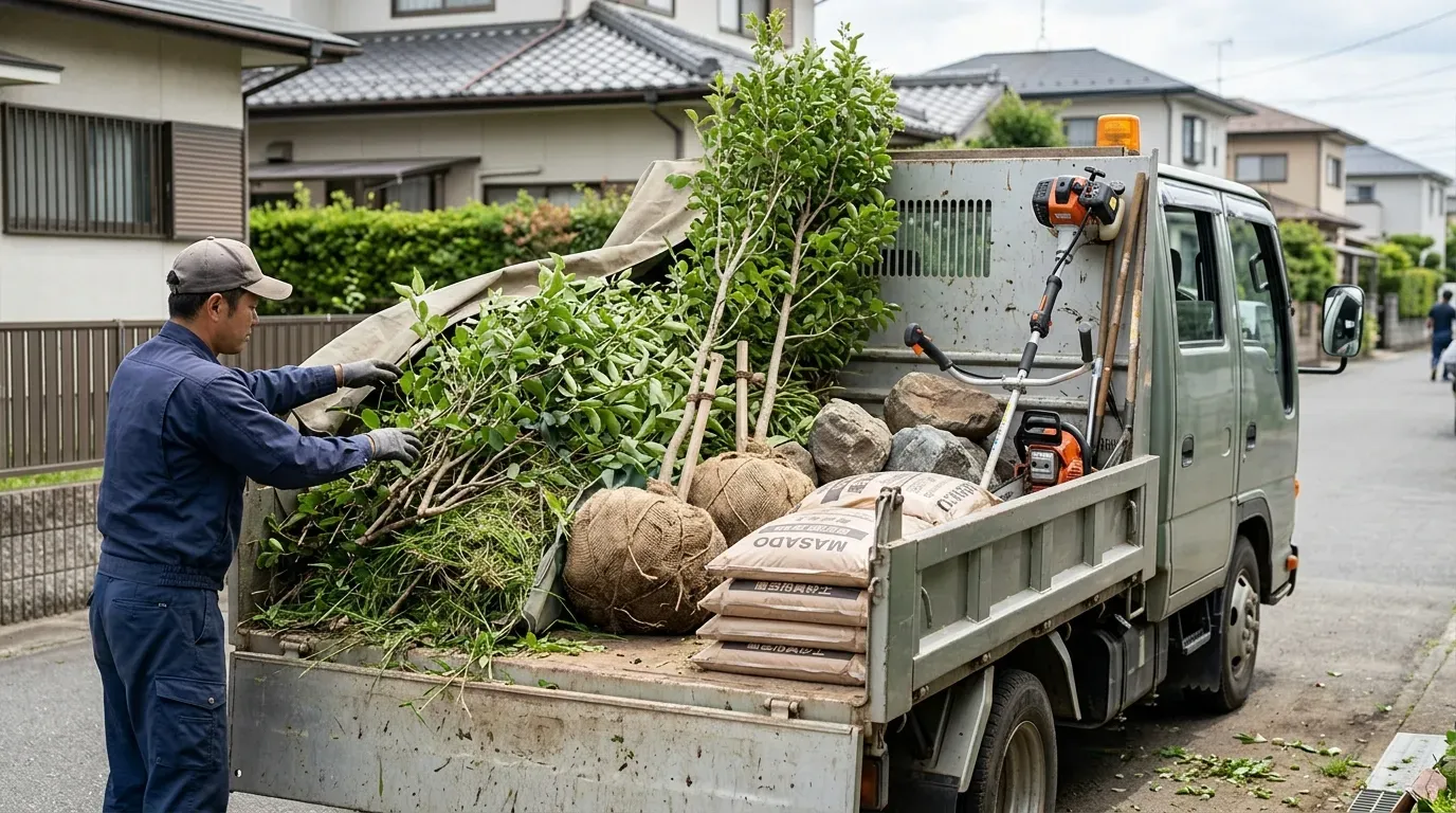 造園業のトラック荷台に積まれた剪定枝・刈り草・庭石・植木・工具類。住宅地の現場で積み込み作業中の情景。