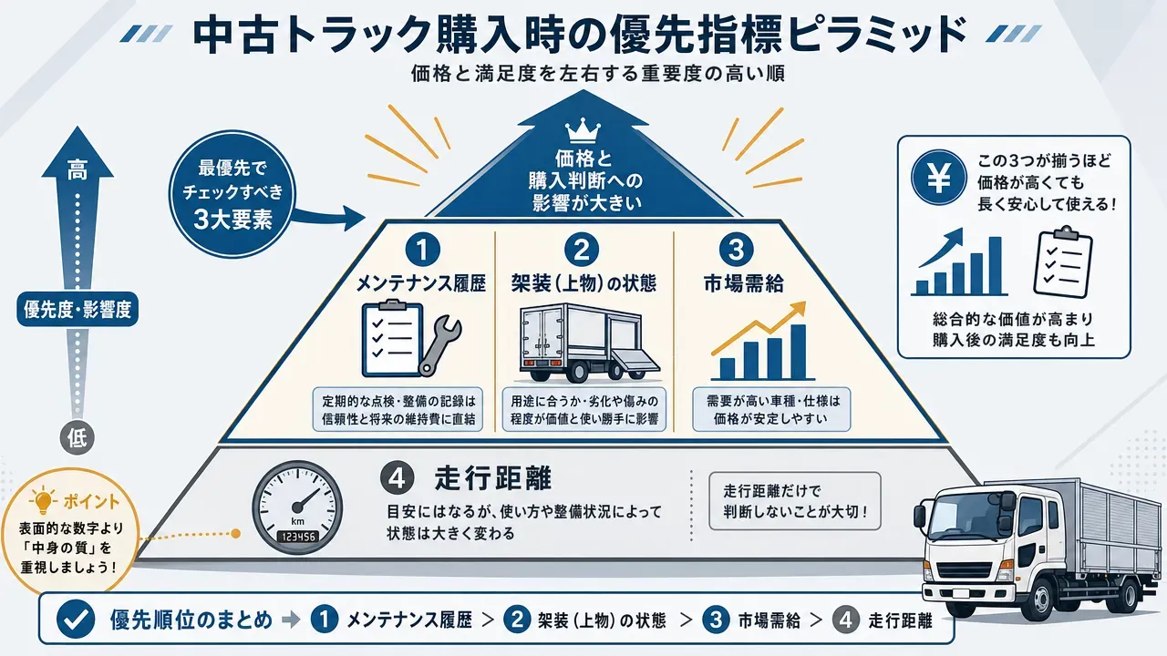 中古トラックの走行距離別価格下落パターンを示すグラフ。0〜10万kmで高値維持、10万km・20万km・30万km超で段階的に価格が下落する傾向を示している。