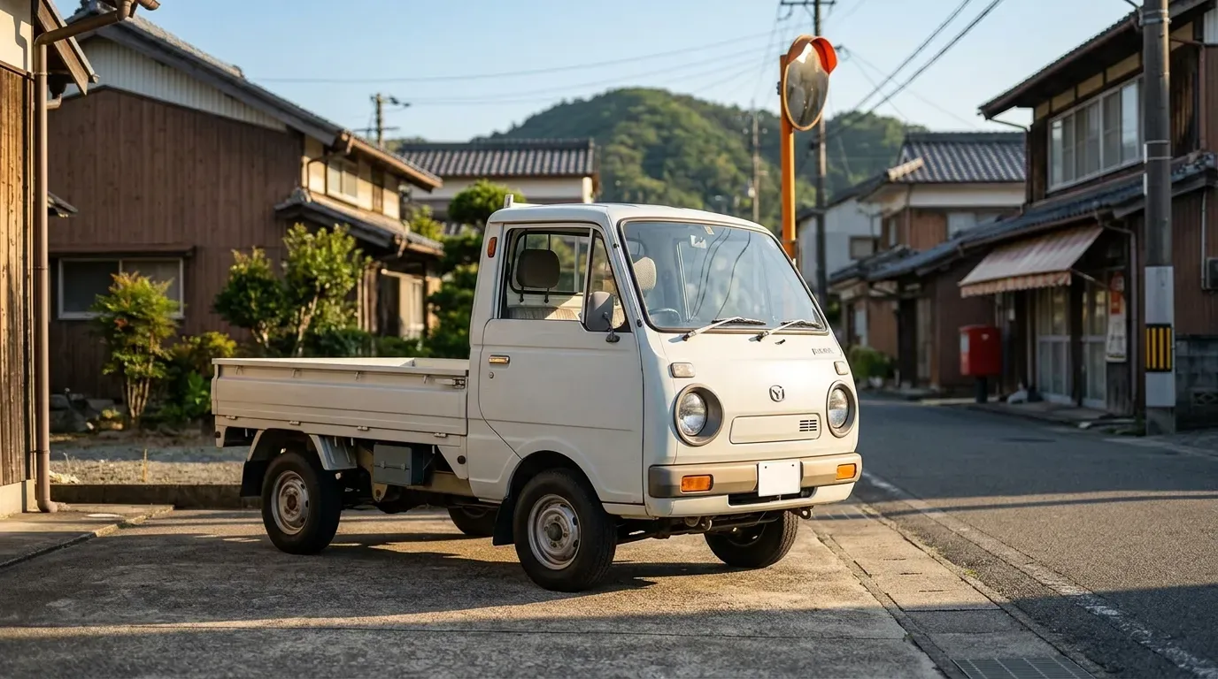 日本の静かな路地に停まる旧車マツダ・ポーターキャブ。角ばったキャブオーバースタイル、丸型ヘッドライト、サイドスカートが特徴的な1970〜80年代の軽トラック。