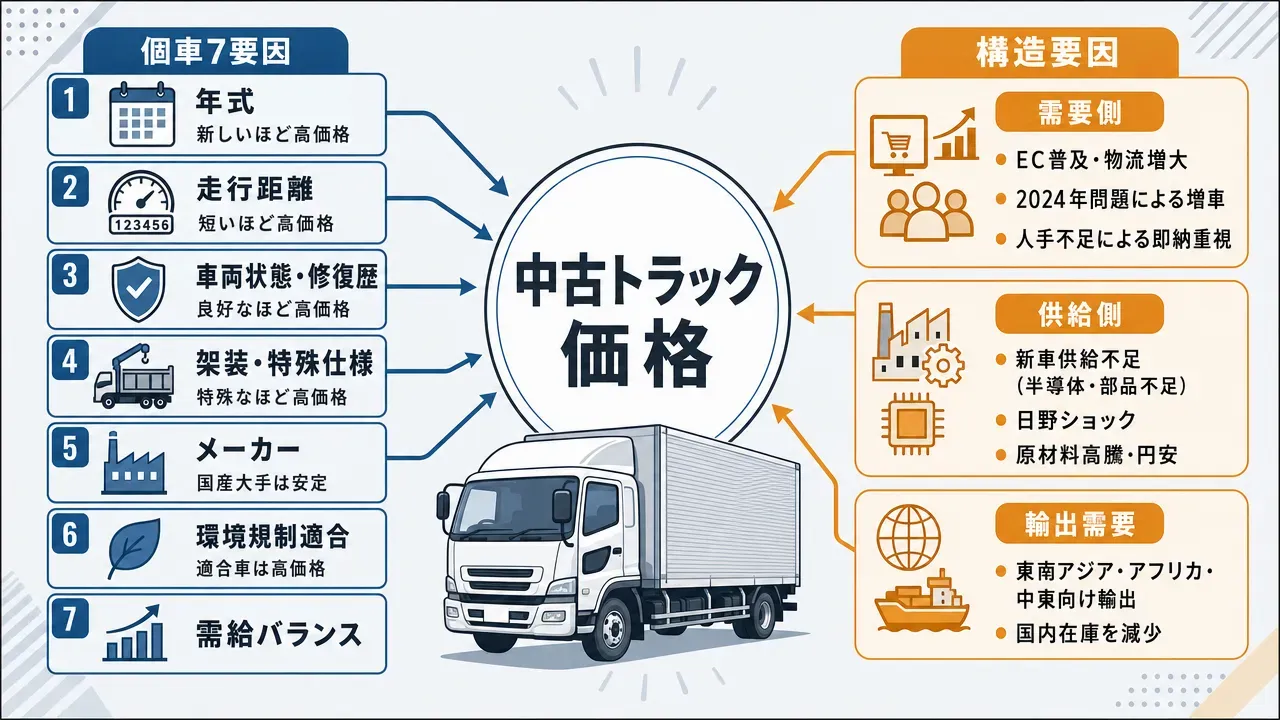 中古トラックの価格形成要因の全体構造図。左に個車7要因(年式・走行距離・車両状態・架装・メーカー・環境規制適合・需給バランス)、右に構造要因(需要側・供給側・輸出需要)を示し、両者が中央の中古トラック価格に集約される