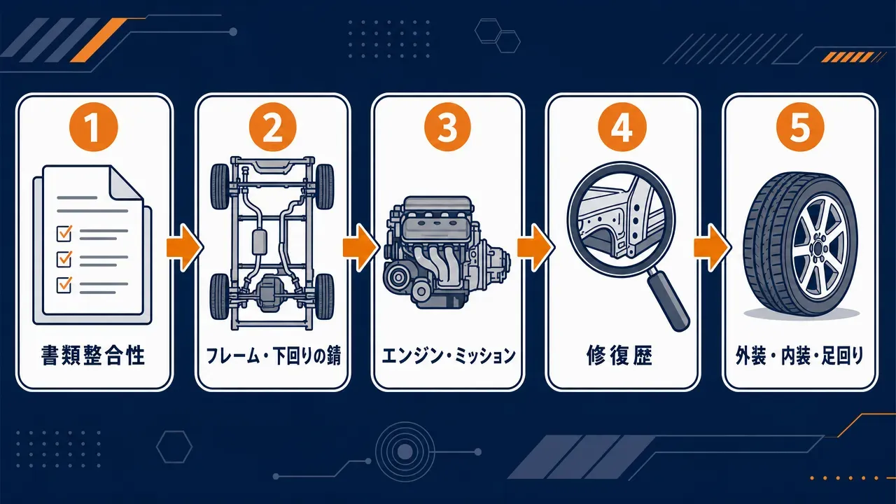 中古トラック現車確認の優先順位フローチャート。書類整合性・フレーム下回りの錆・エンジンミッション・修復歴・外装内装足回りの5段階の確認順序を俯瞰で示す図解。