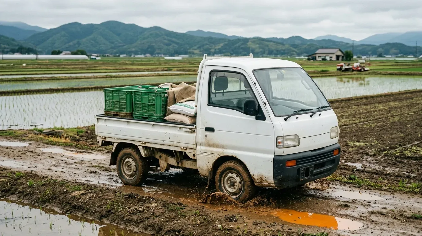 左から軽トラック・小型トラック(2t積み)・中型トラック(4t積み)の3台を横並びにしたサイズ比較写真。すべて平ボディで、車格の違いが一目でわかる