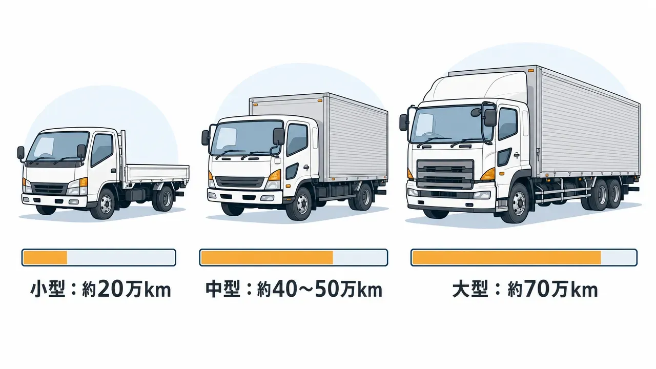 小型・中型・大型トラックの走行距離目安の比較図。小型は約20万km、中型は約40〜50万km、大型は約70万kmを横棒ゲージで表示