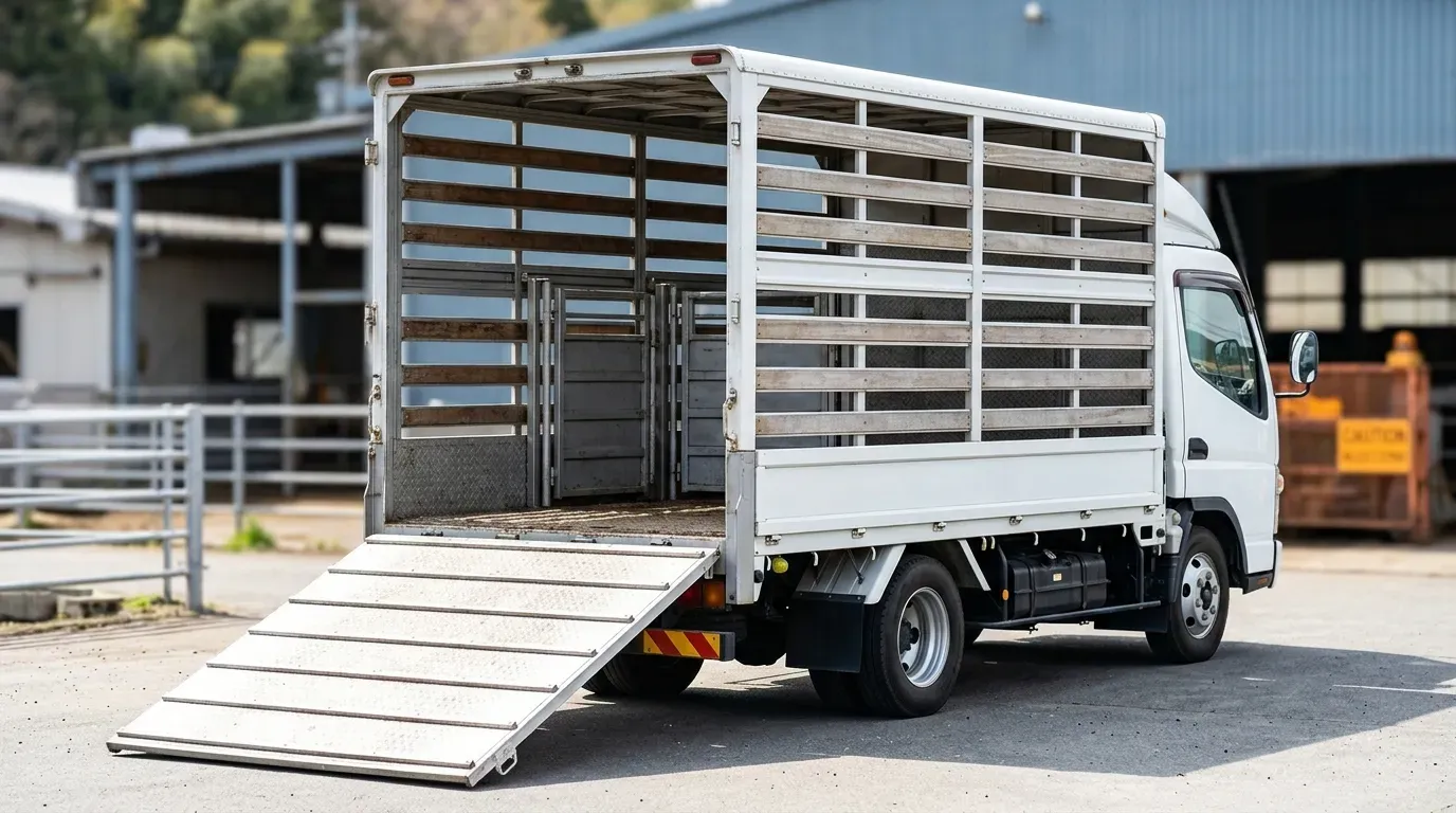 斜め前方から見た4tクラス家畜運搬車。荷台側面は欄干状の通気構造、後部に油圧スロープが下ろされ、内部には中柵で区切られた仕切りが見える。床面は防滑加工。