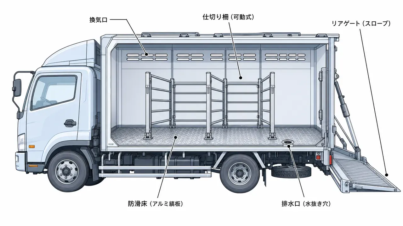 家畜運搬車の基本装備を示す断面図。リアゲートスロープ、側面換気口、可動式仕切り柵、防滑床、排水口の位置を矢印で表示