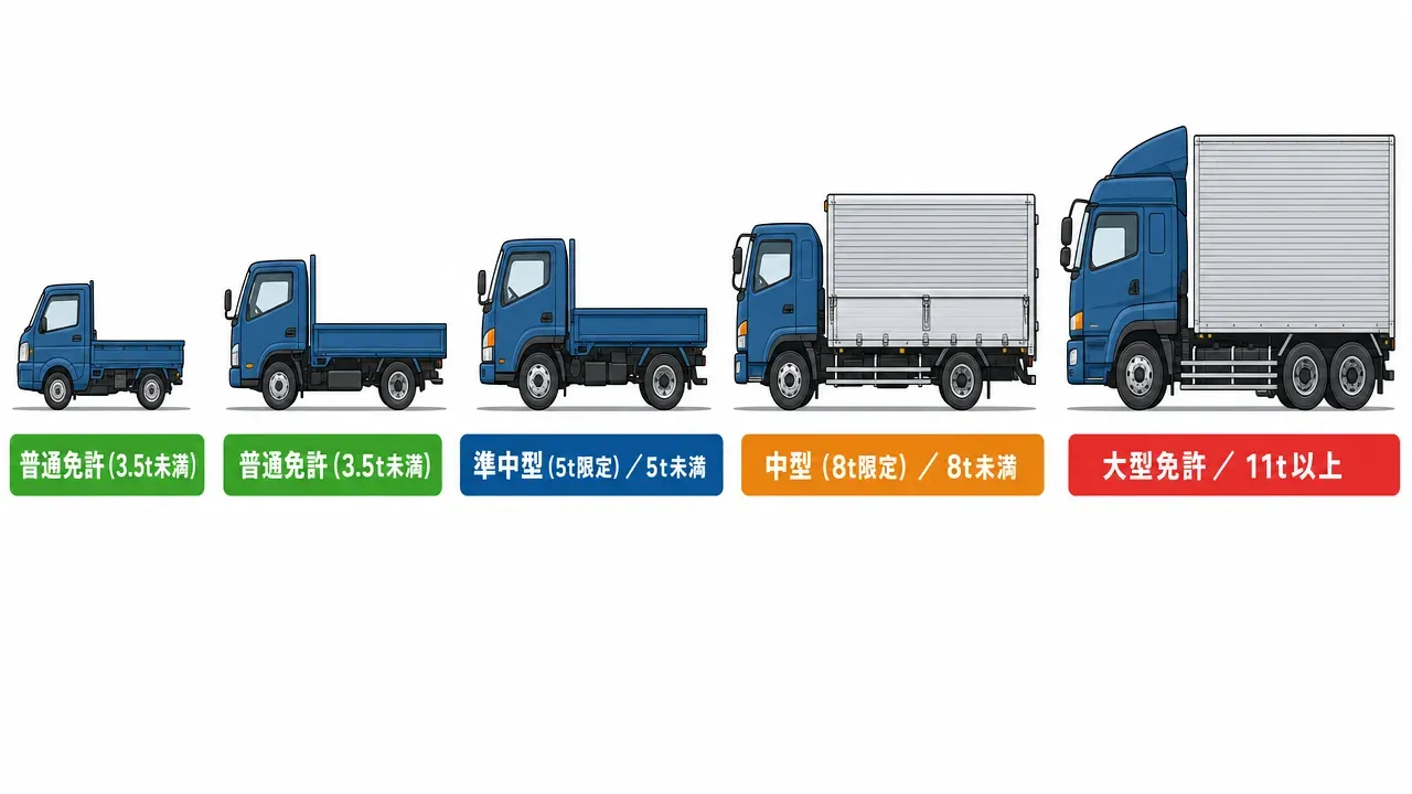2007年と2017年の免許制度改正によるトラック免許区分の変遷を示すタイムライン図。旧2区分（普通・大型）から中型免許新設（2007年）、準中型免許新設（2017年）を経て現行4区分（普通・準中型・中型・大型）に至る流れ
