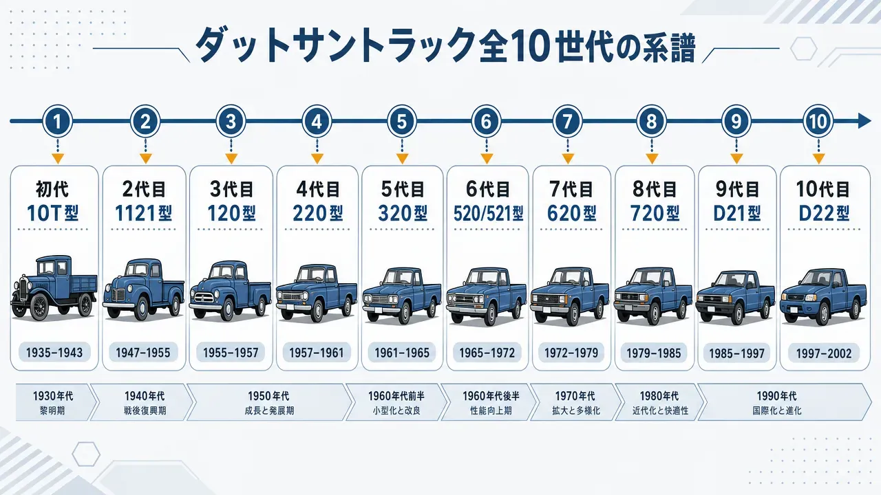 ダットサントラック全10世代の系譜図。1935年初代10T型から2002年10代目D22型まで、型式名と生産年をタイムライン上に配置