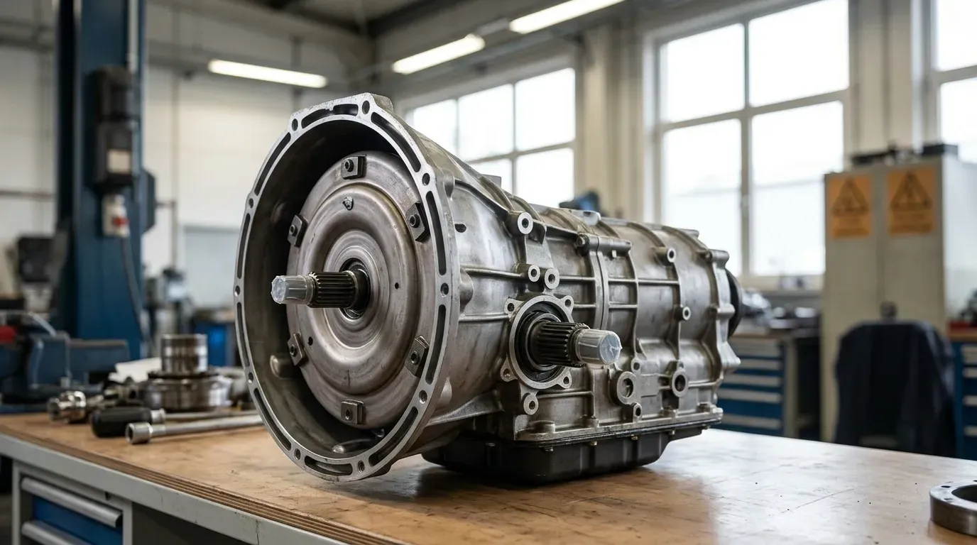 整備工場で取り外されたトラック用ミッション（トランスミッション）。大型の金属製部品で、ギアボックスとクラッチハウジングが見える。