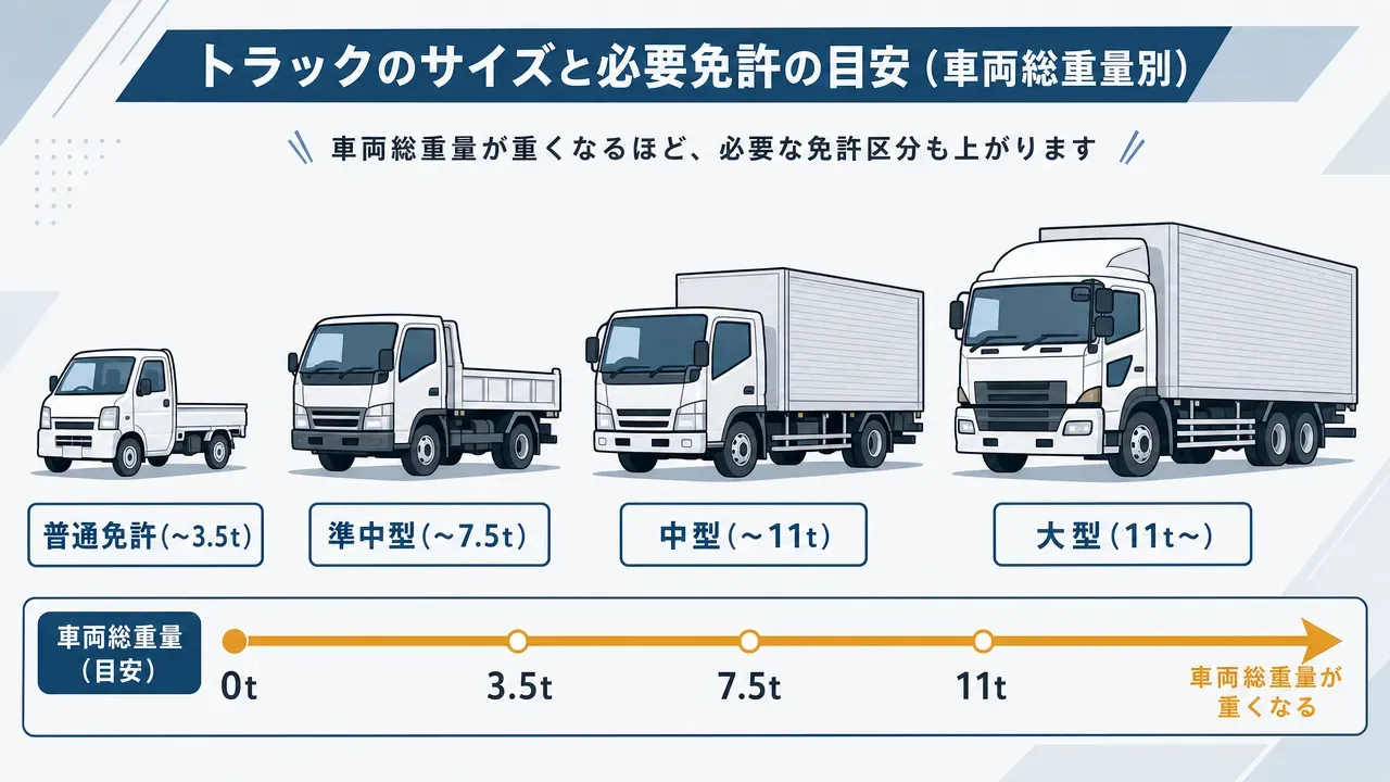 普通免許（3.5t未満）から準中型（7.5t未満）、中型（11t未満）、大型（11t以上）へと、車両総重量に応じて段階的に大きくなるトラックのシルエット比較図。各シルエットの下に免許区分と重量範囲のラベル付き。