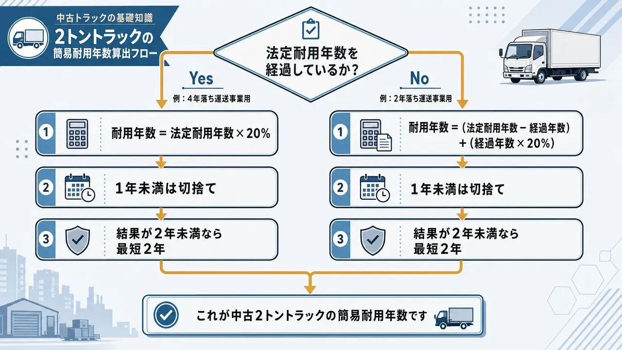 2tトラックの法定耐用年数比較図。運送事業用は3年、一般用（建設・自社配送等）は5年。大型貨物自動車（積載量2t超）の運送事業用は4年。