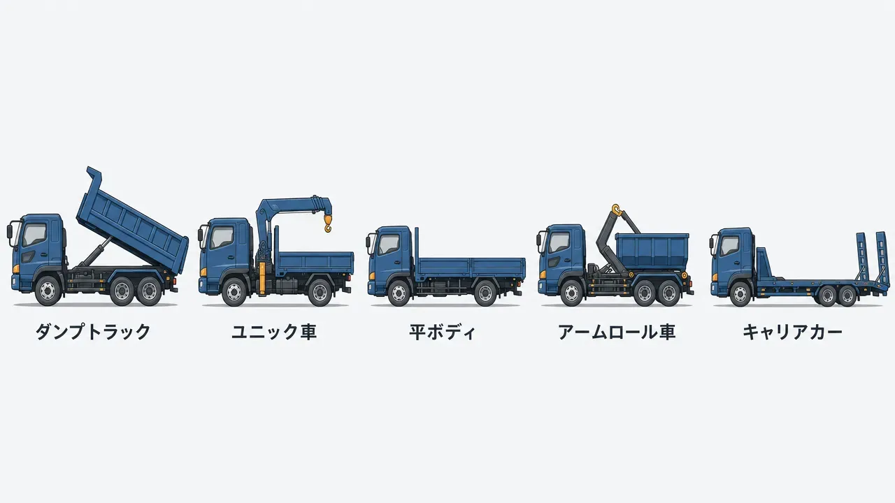 解体現場で使われる5種類のトラックのシルエット比較図。左からダンプトラック、ユニック車（クレーン付き）、平ボディトラック、アームロール車（コンテナ車）、キャリアカー（重機運搬車）。各車両の特徴的な形状が一目で判別できる。