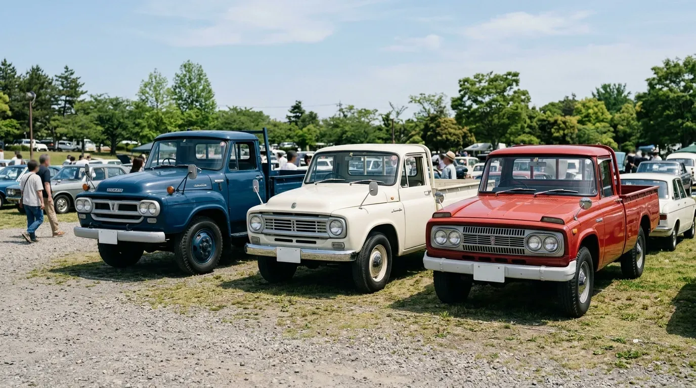 1960〜1970年代の代表的な国産ボンネットトラック（いすゞTX、日産ジュニア、トヨタ・スタウトなど）が旧車ミーティングに並ぶ風景。丸みを帯びたフロントマスクと2枚割りフロントガラスが特徴的