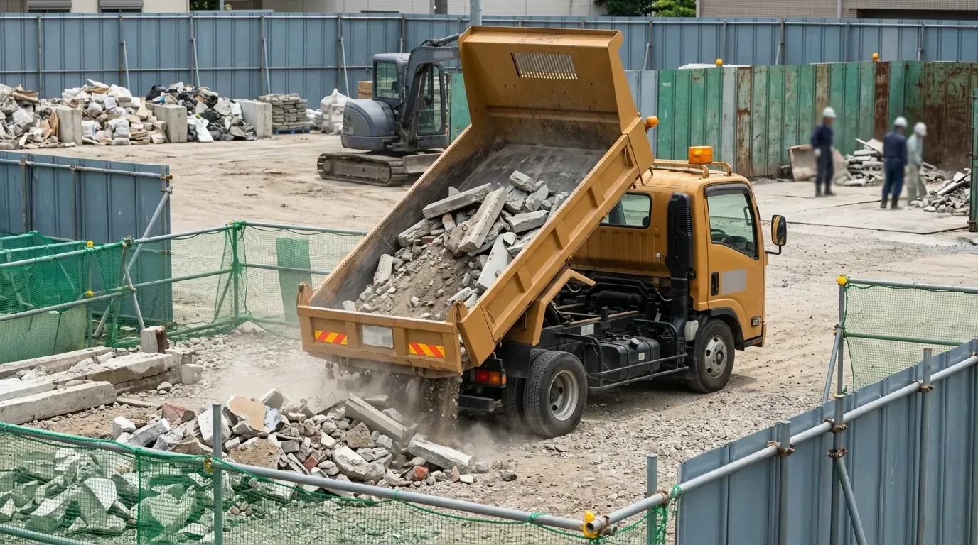 産廃の種類（がれき、木くず、廃プラスチック、廃油、汚泥、感染性廃棄物）ごとに適切なトラック車種（ダンプ車、アームロール車、パッカー車、クレーン車、コンテナ車、タンクローリー車、バキューム車、チップ車）を矢印で対応づけたマッピング図