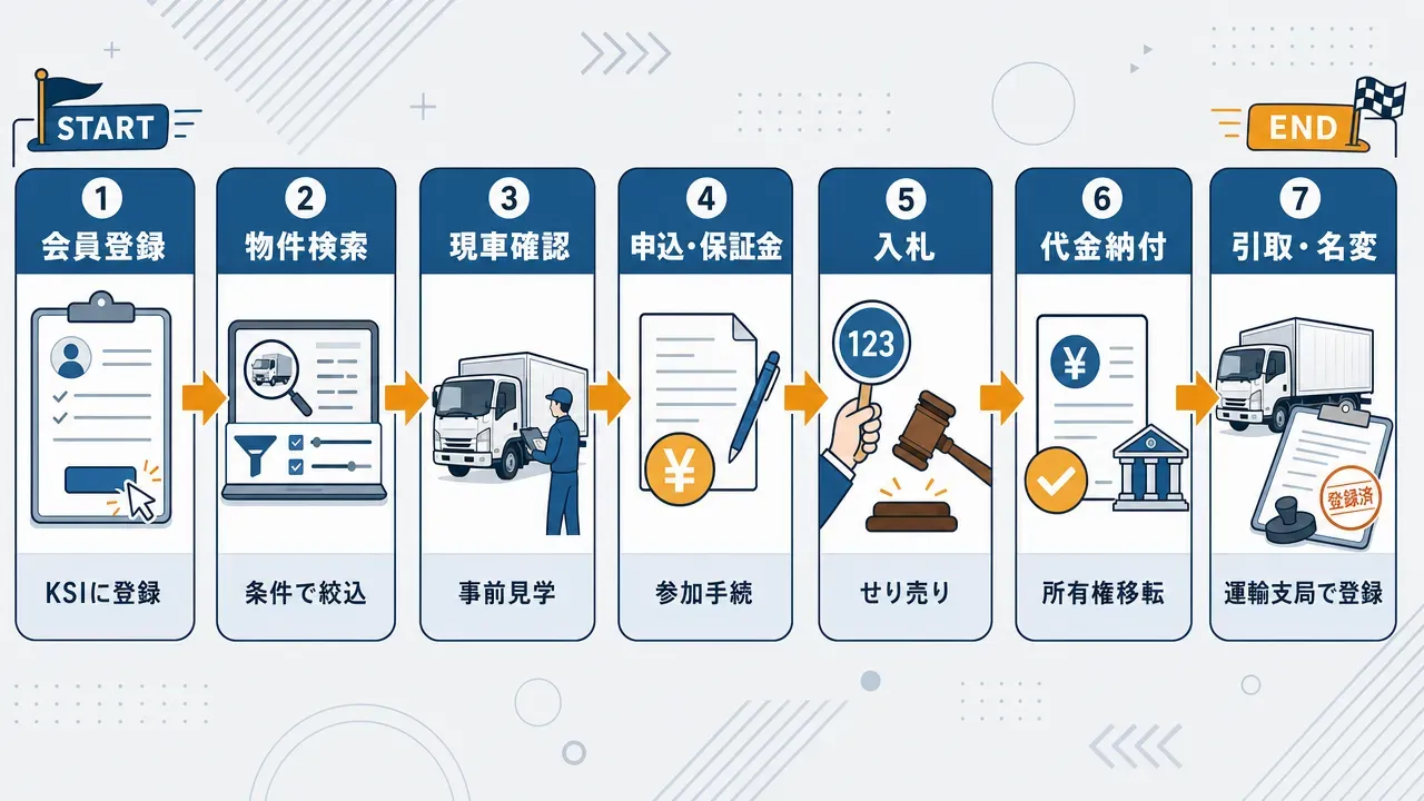 官公庁払い下げトラック購入の7ステップフロー図:会員登録→物件検索→現車確認→申込保証金→入札→代金納付→引取名変