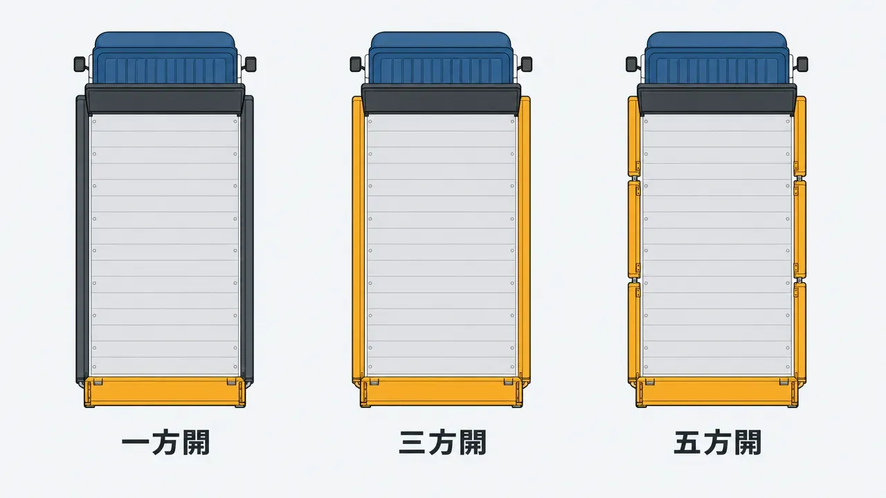 平ボディのアオリ開閉方式の比較図。荷台を上方から見た模式図で、一方開(後方のみ開)・三方開(左右+後方が開)・五方開(側面が前後分割+後方が開)の3方式を色分けで示す。
