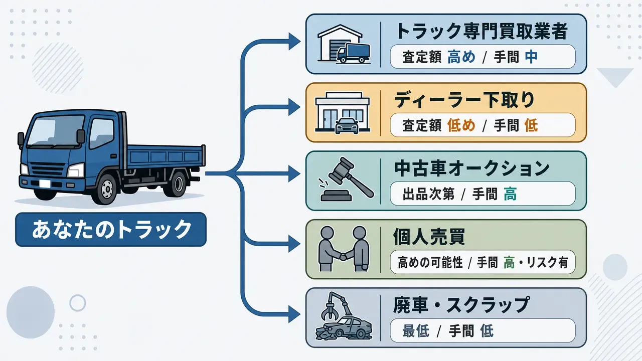 トラック査定額を決める5つの要素(年式・走行距離/架装・ボディタイプ/エンジン・足回り/修復歴・事故歴/整備記録簿)の図解。査定士がどこを見ているかを視覚化