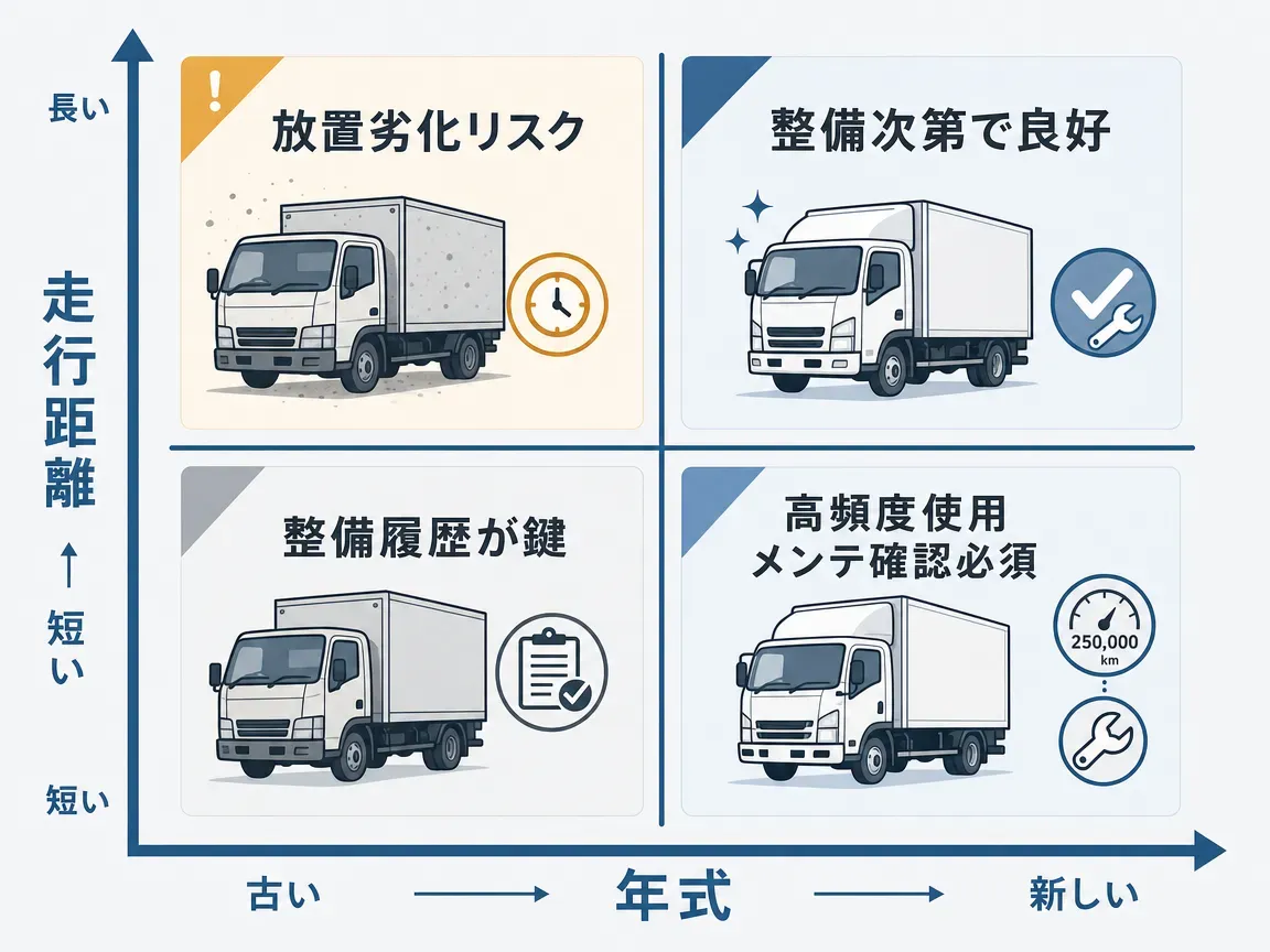 年式と走行距離のバランスを示す2軸概念図。新しい・距離短い・距離長い・古いの4つの組み合わせとそれぞれの注意点を象限で示す