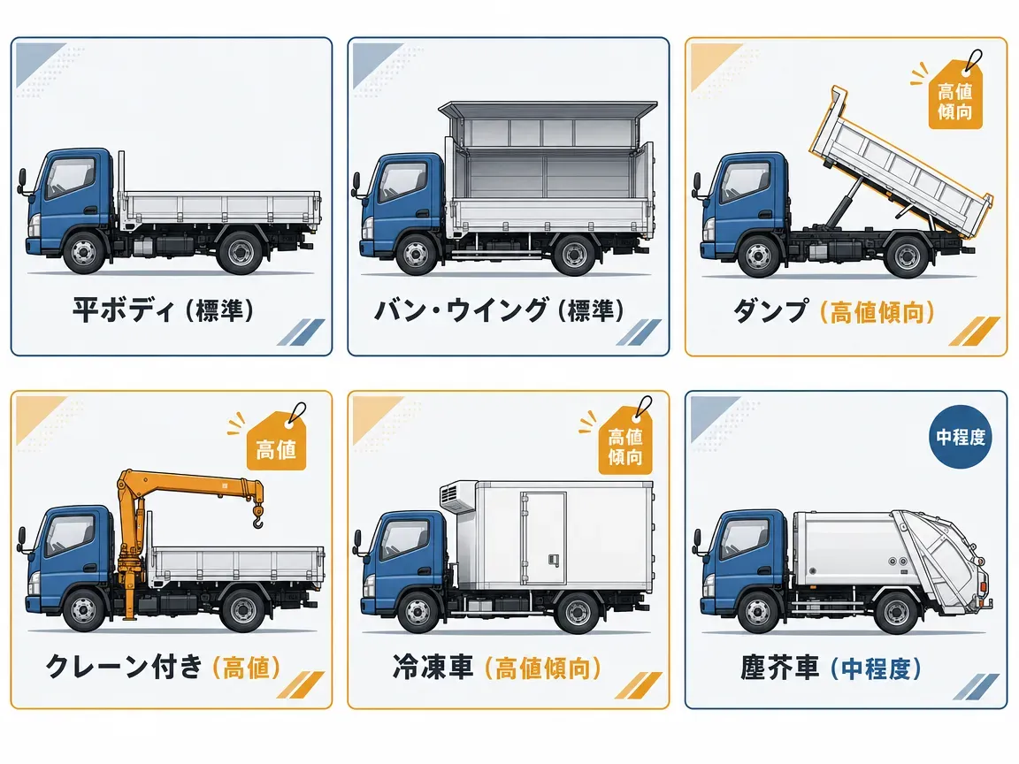 キャンターの架装タイプ比較図。平ボディ・バンウイング・ダンプ・クレーン付き・冷凍車・塵芥車の6種類をアイコンで示し、買取価格傾向を色分けしたイラスト