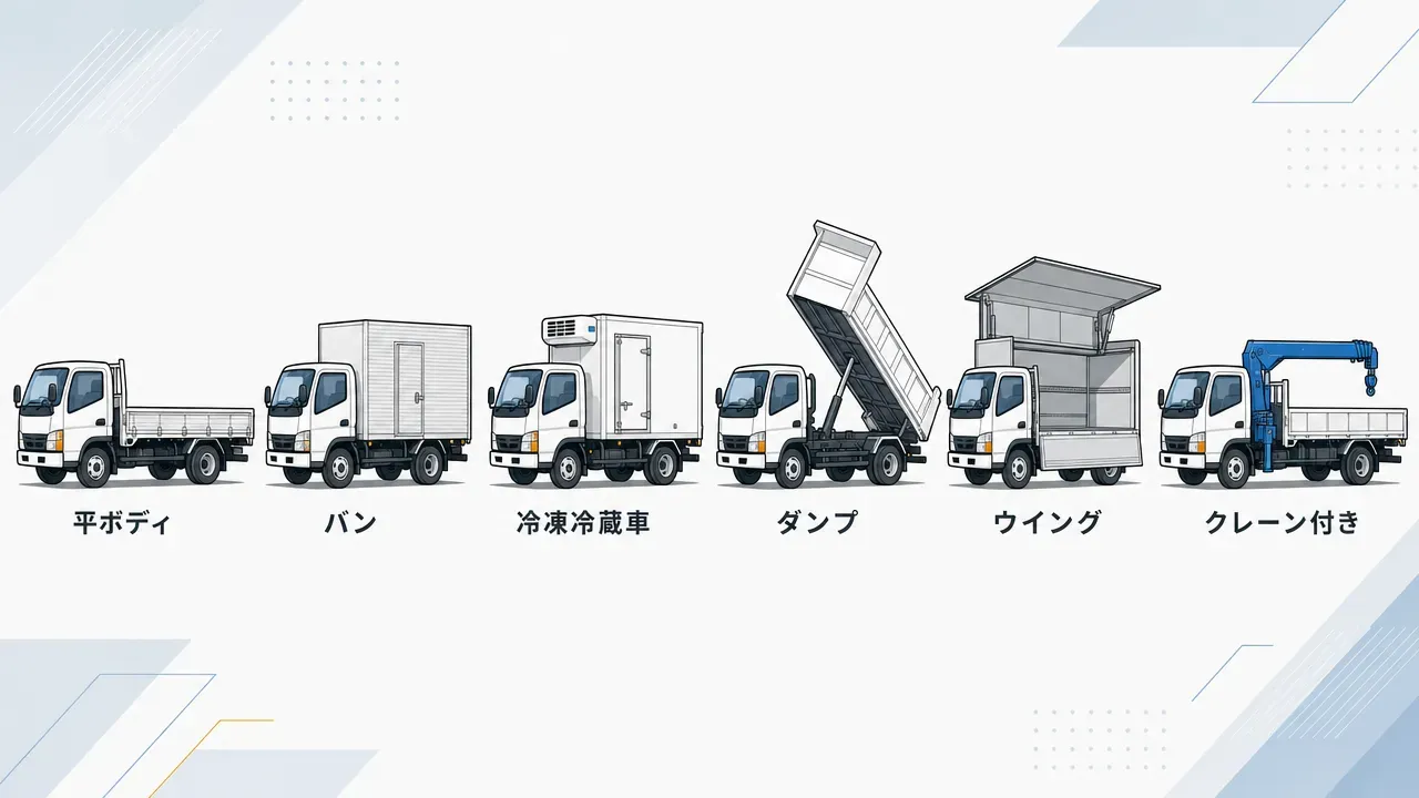 6種類のトラック架装タイプ(平ボディ・バン・冷凍冷蔵車・ダンプ・ウイング・クレーン付き)を横一列に並べた図解イラスト。各架装の形状の違いが直感的にわかる