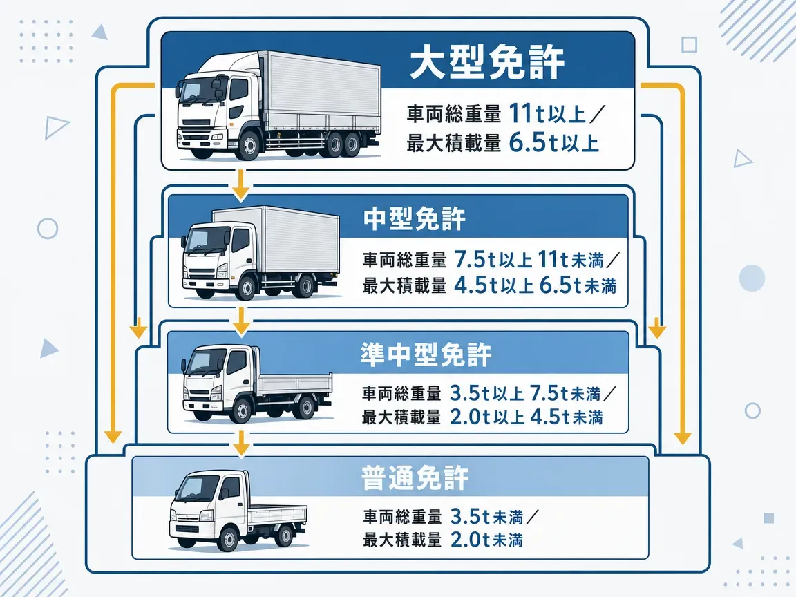 大型免許で運転できる8つの代表的なトラックボディタイプ一覧。左からウイング、バン、冷凍車・保冷車、平ボディ、ダンプ、ミキサー車、クレーン車、キャリアカー