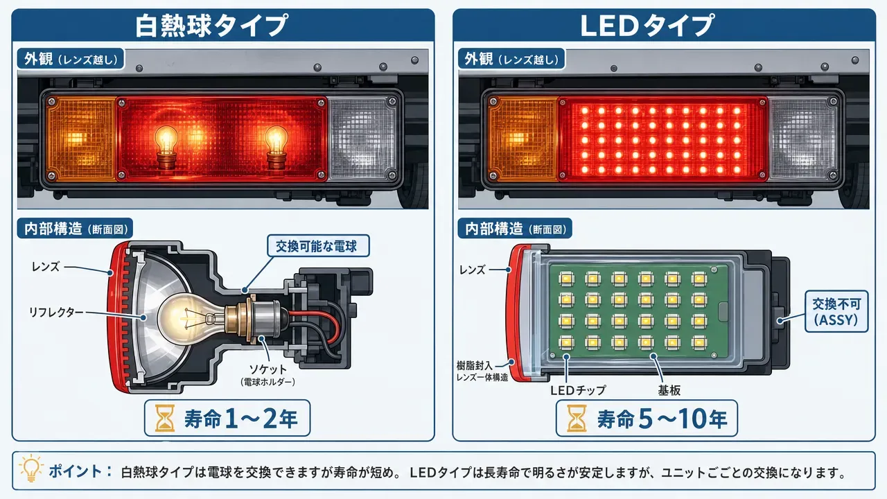 トラック用テールランプの白熱球タイプ(左)とLEDタイプ(右)の外観と内部構造の比較図。白熱球は交換可能な電球式で寿命1~2年、LEDは基板実装のASSY式で寿命5~10年