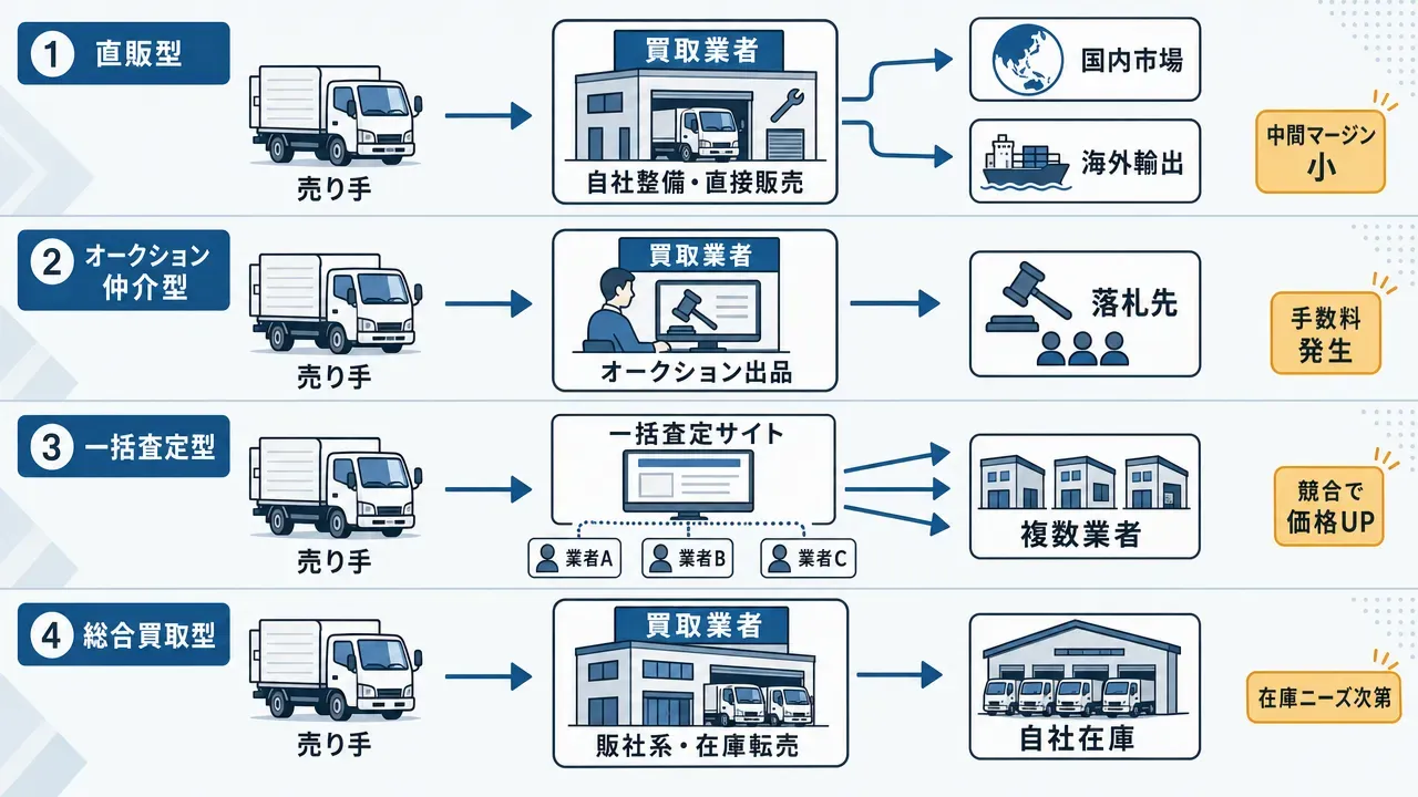 トラック買取業者の4タイプ比較図。上から直販型(売り手→整備・直接販売→国内/海外)、オークション仲介型(売り手→オークション出品→落札先、手数料発生)、一括査定型(売り手→一括査定サイト→複数業者競合)、総合買取型(売り手→販社在庫転売→自社在庫)。各段階のマージン差を視覚化した4段横フロー図
