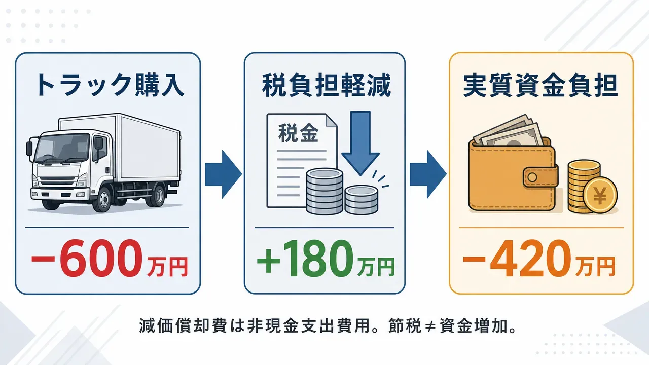 中古トラック購入時の資金フロー図。600万円の支出に対し節税による税負担軽減は180万円で、実質的な資金負担は420万円となる