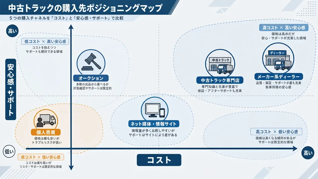 5つの購入チャネル（オークション・個人売買・ネット媒体・専門店・メーカーディーラー）をコストと安心感の2軸上に配置したポジショニングマップ
