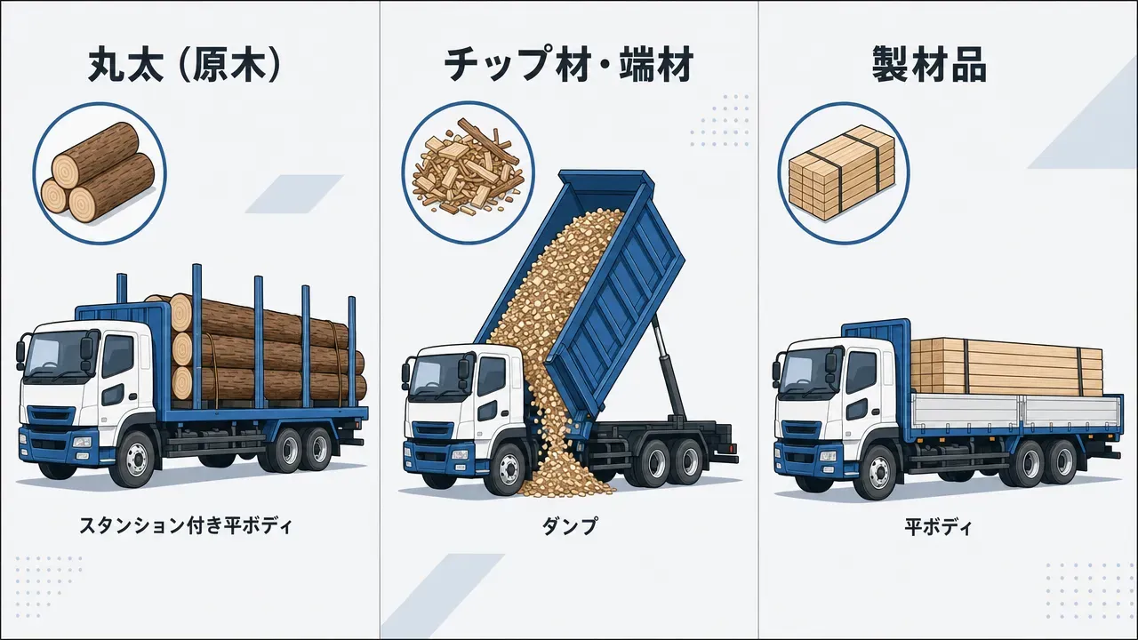 中古林業トラックの現車確認で必ずチェックすべき5つのポイントを示した図解。①フレーム、②荷台・スタンション、③クレーン・グラップル、④エンジン・ミッション、⑤足回り・タイヤの位置をトラックの側面図上にマーク