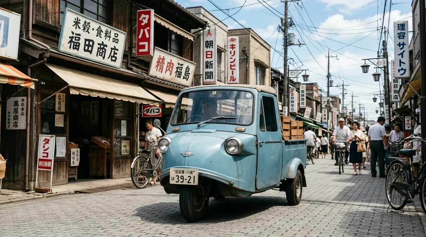 左にダイハツ ミゼット(軽三輪)、右にマツダ T2000(小型三輪)を並べたサイズ比較写真。軽三輪と2トン積み小型三輪の車格差が一目でわかる
