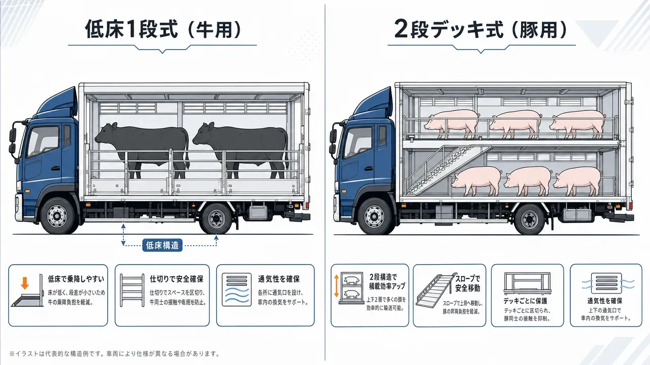 牛用の低床1段式荷台(左)と豚用の2段デッキ式荷台(右)の比較図。家畜の種類による架装構造の違いを示す