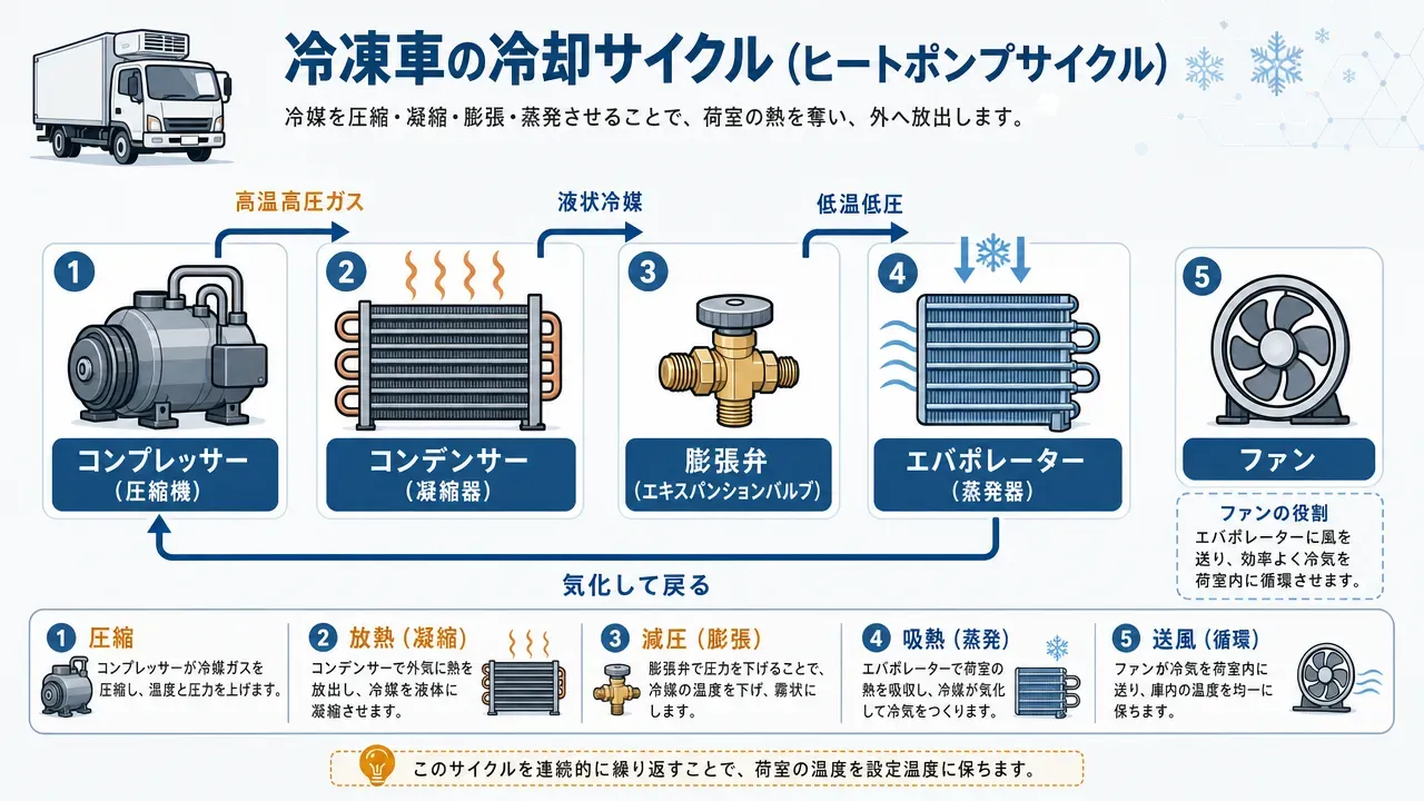 冷凍車の冷却サイクル(ヒートポンプ)のフロー図。コンプレッサー→コンデンサー→膨張弁→エバポレーター→ファンの順に冷媒が循環し、各段階での状態変化(高温高圧ガス→液状冷媒→低温低圧)を示す。