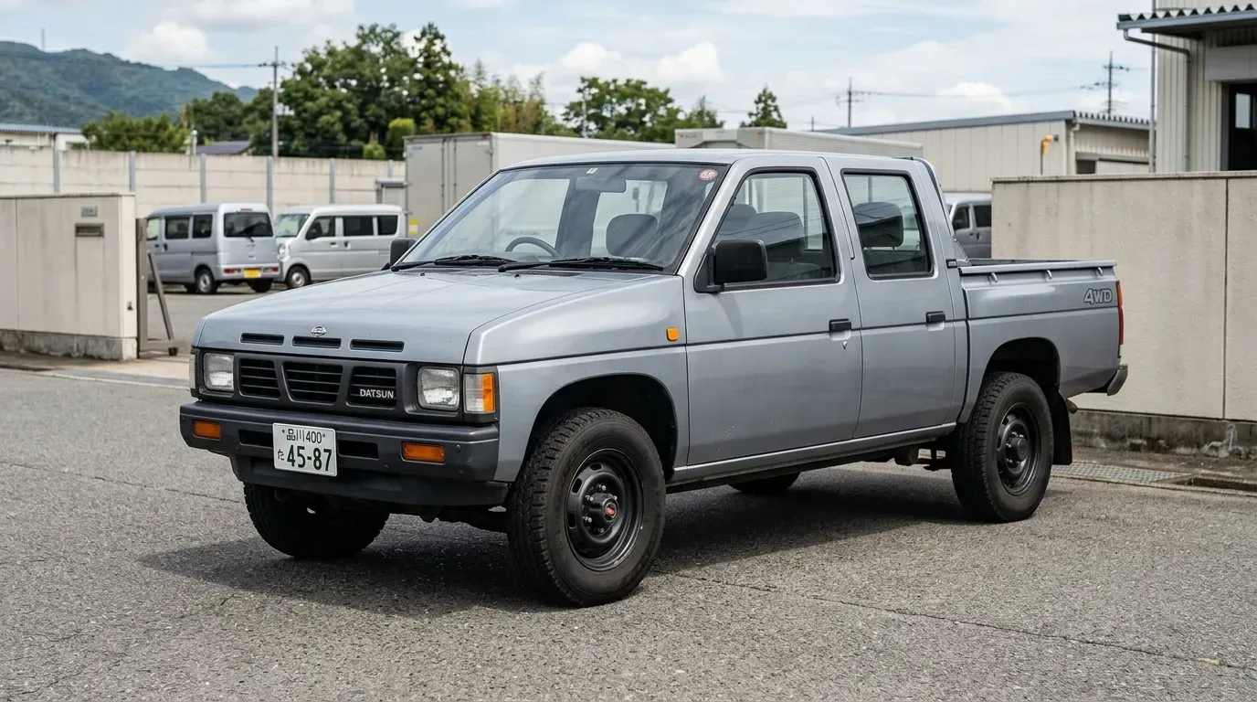 1990年代のダットサントラックD21型 4WDダブルキャブ。無骨でタフなスタイリングのピックアップトラック