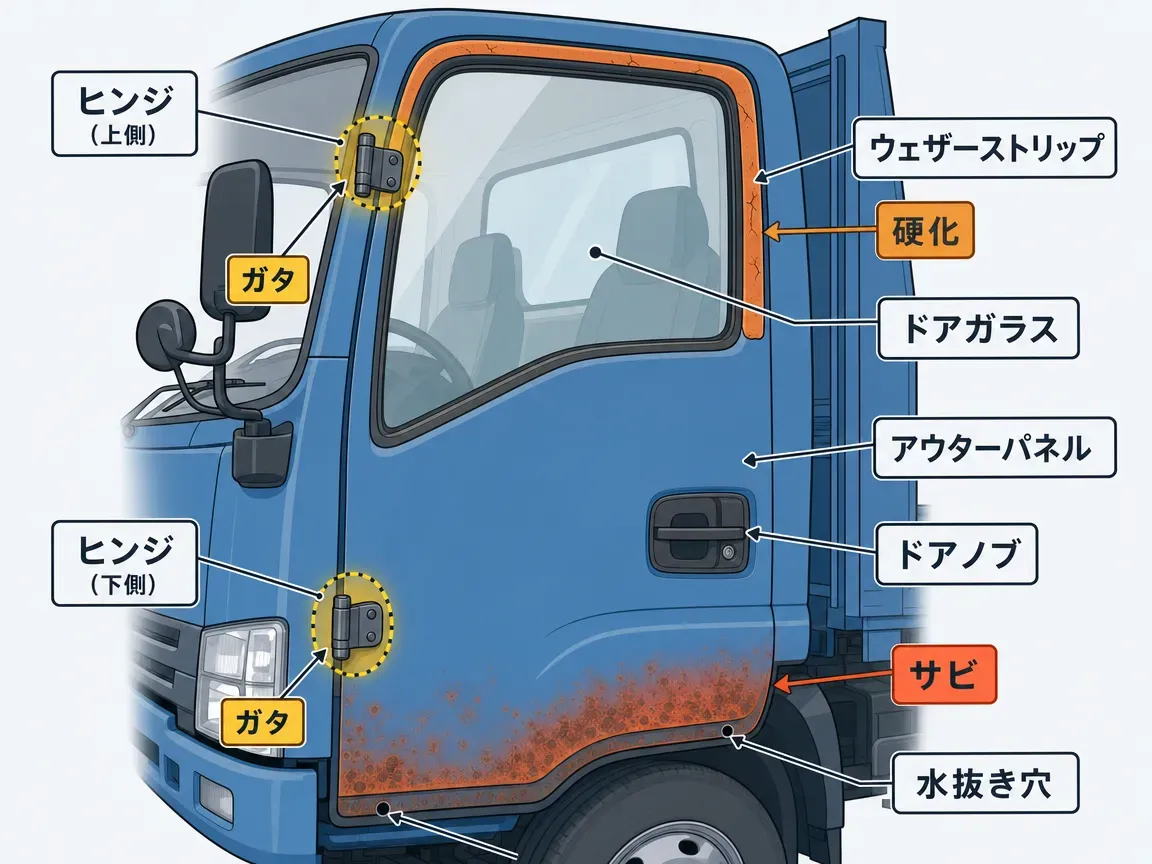 トラックドアの損傷レベル別 修理・交換判断フローチャート。浅い傷・へこみは板金修理、サビ穴・貫通・内部腐食はドア交換、大きな変形・ヒンジ損傷はドア交換に分岐